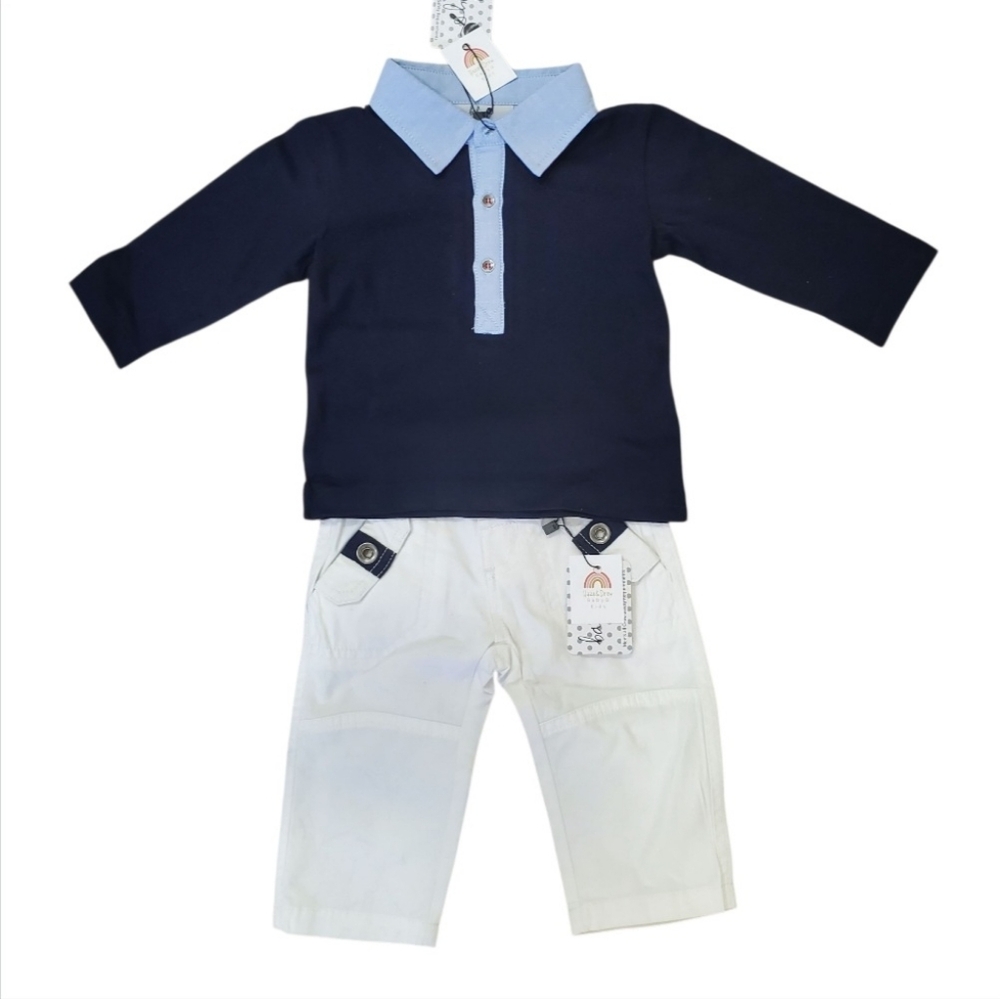Baby Boutique Navy and Light Blue 1/4 Button Up Shirt White Pants 0-6